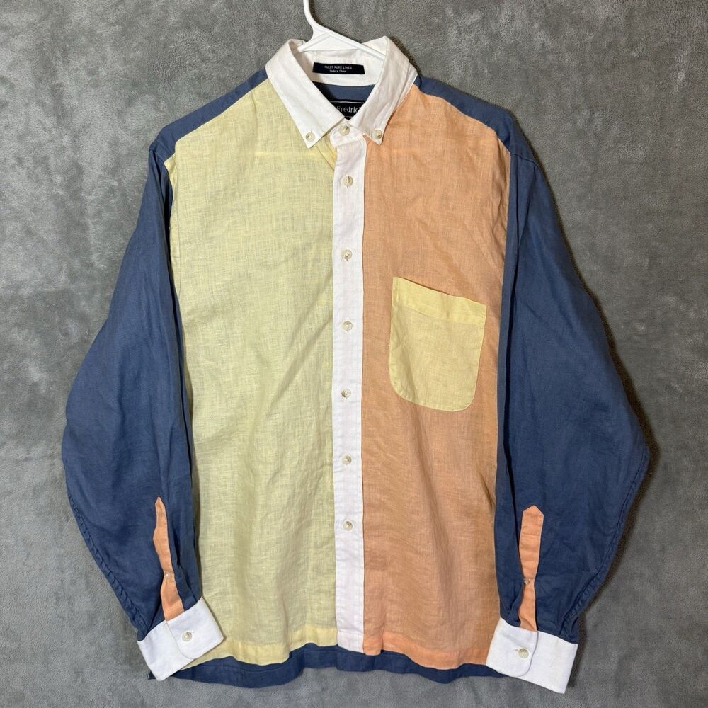 Paul Fredrick Mens 100% Linen Color Block Button Down Shirt Size M Y2K